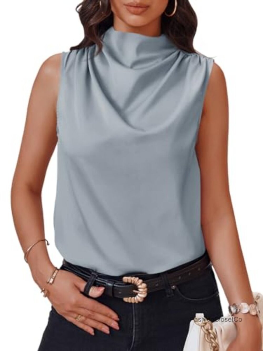 Satin Mock Neck Tank Top Silky Business Casual Ruched Sleeveless
